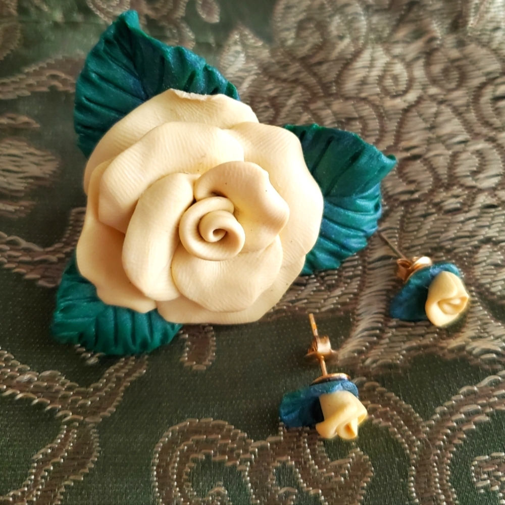 Vintage Yellow Rose Brooch and Pierced Earrings